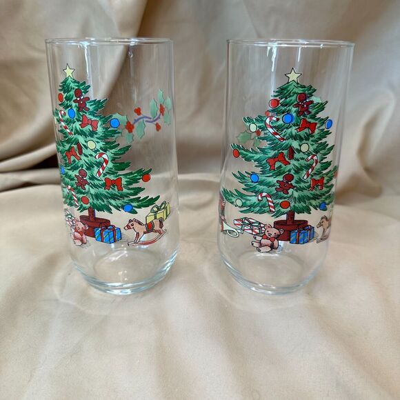 2 Vintage Luminarc Tumblers Noel Christmas Tree Drinking Glasses 6" - Picture 1 of 8